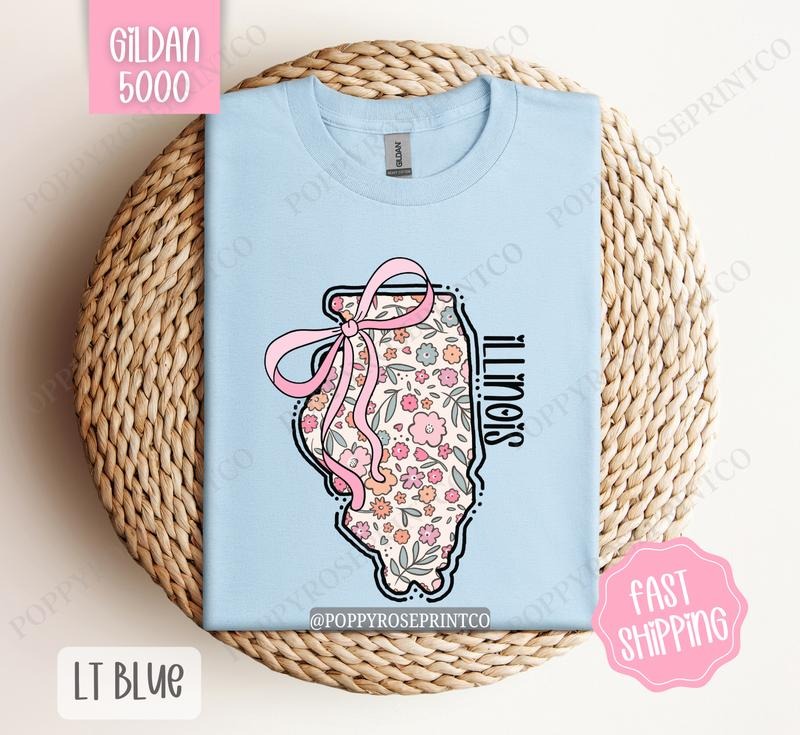 Illinois Gildan T-shirt, Cute Illinois State Shirt, Illinois Floral Bow Tee Hoodie, Sweatshirt | ZylaModa.com