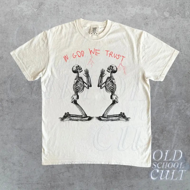 In God We Trust Skeleton Vintage 90s Graphic Style T-Shirt, Retro Skull Oversize Shirt, Y2k Christian Tee, Dark Art...