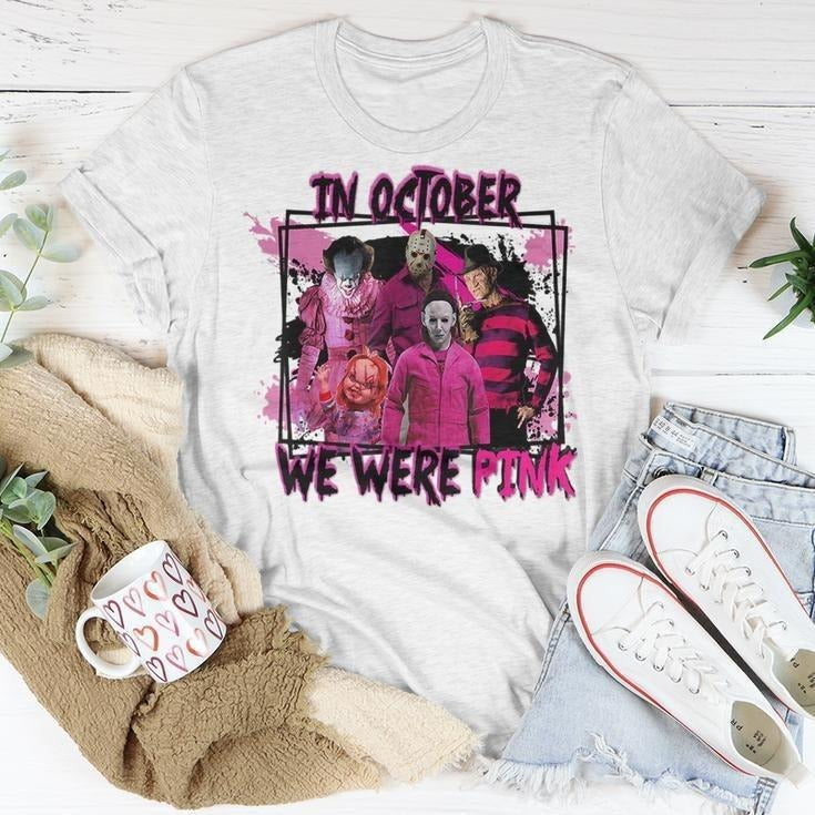 In October We Wear Pink Horror Character Wear Pink Horror T-Shirt Hoodie, Sweatshirt | ZylaModa.com
