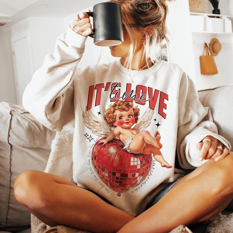 It's Love Time  Valentine's day Disco heart, Retro Valentine Cupid s, Heart Sweatshirt T-Shirts, Hoodie | ZylaModa.com