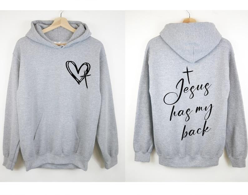 Jesus Has My Back Hoodie - Gray Cotton Reliable Hoodie with Heart Design and "Jesus Has My Back" Text for Men T-Shirts,...