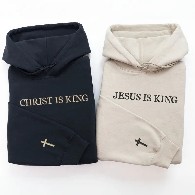Jesus Is King Embroidered Valentine's Day Hoodie, Cross on Sleeve Sweatshirt, Couples Gift, Birthday Present for Him or...