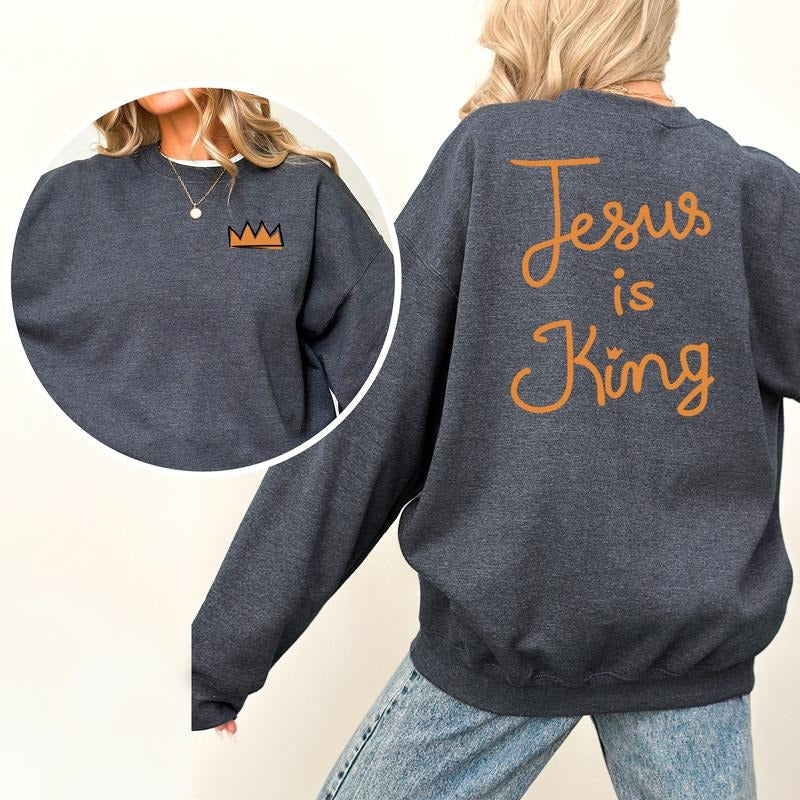Jesus is King Sweatshirt, Retro Christian Sweater, Religious Shirt, Bible Verse Long Sleeve Pullover Hoodie | ZylaModa.com
