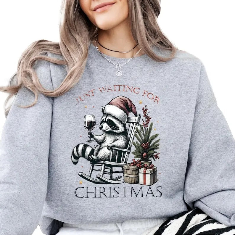 Just Waiting for Christmas Sweatshirts, Christmas Raccoon Hoodie, Christmas Feral Girl Crewneck, Funny Raccoon Xmas...