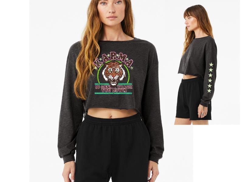 Karma Is Going To Track You Down Long Sleeve Cropped Shirt Hoodie, Sweatshirt | ZylaModa.com