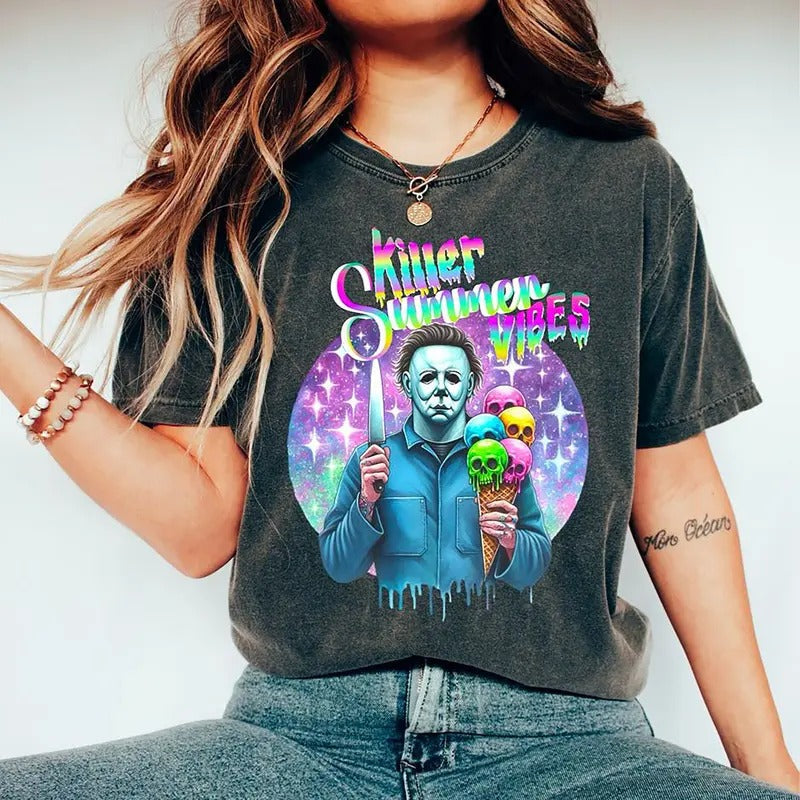 Killer Summer Vibes Shirt, Summerween Shirt, Michael Myers Ice Cream T-Shirt, Horror Summer Shirt, Horror Beach Tee,...