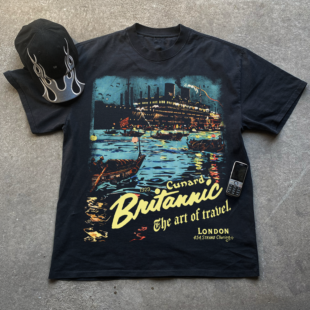 1929 BRITANNIC 'THE ART OF TRAVEL' LUXURY CRUISE POSTER HEAVYWEIGHT BLACK T-SHIRT Hoodie, Sweatshirt | ZylaModa.com (Image 1)