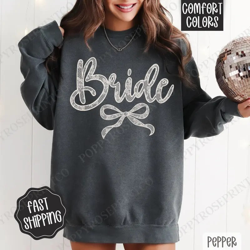 Lace Bride Comfort Colors Sweatshirt, Bridal Coquette Lace Bow Women's Crewneck, Cute Women's Sweater T-Shirts, Hoodie