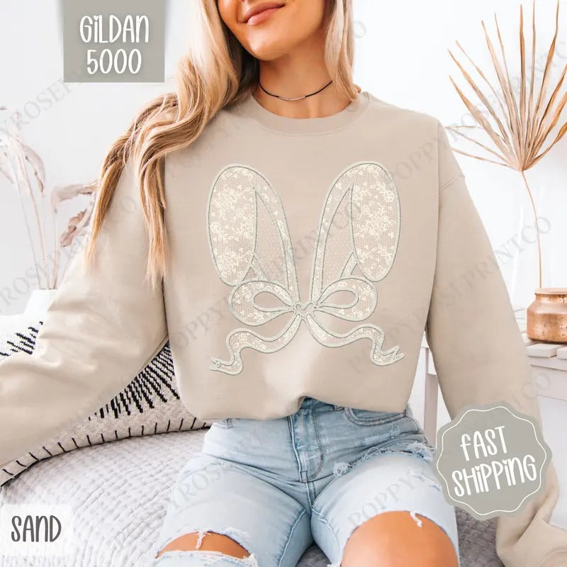 Lace Bunny Ears Sweatshirt, Easter Crewneck, Trendy Bunny Women's Sweater, Gift for Her T-Shirts, Hoodie | ZylaModa.com