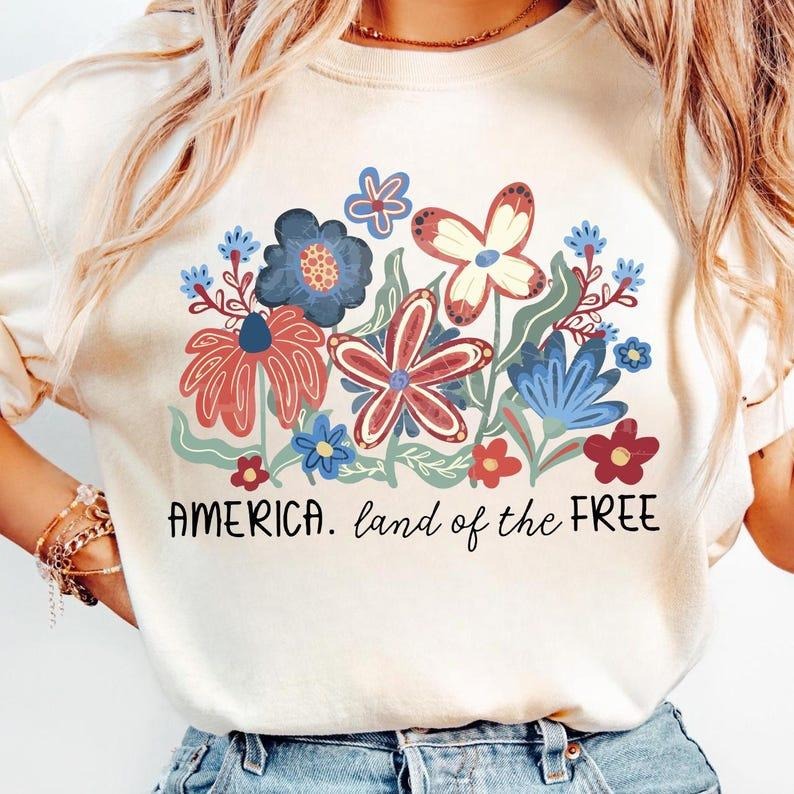 Land of the free t-shirt, Floral America tshirt, 4th of July t-shirt, Flowers America sweatshirt,Memorial Day t-shirt,...