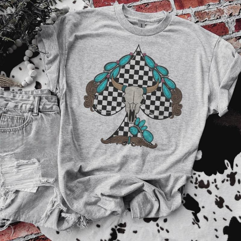 Leather & Stones Bull Skull Spade Tshirt, Crewneck Sweatshirt cowgirl outfits clothes, western clothing, western outfit...