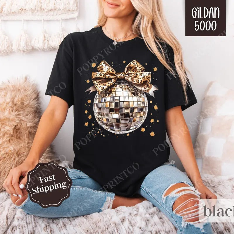 Leopard Disco Bow Shirt Gildan, New Year's 2025 Women's Tee,  NYE Women's Tshirt Plus Sizes Hoodie, Sweatshirt | ZylaModa.com