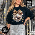 Leopard Disco Bow Sweatshirt, New Year's 2025 Crewneck, NYE Women's Sweater T-Shirts, Hoodie | ZylaModa.com