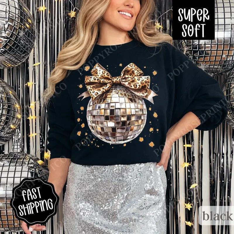 Leopard Disco Bow Sweatshirt, New Year's 2025 Crewneck, NYE Women's Sweater T-Shirts, Hoodie | ZylaModa.com