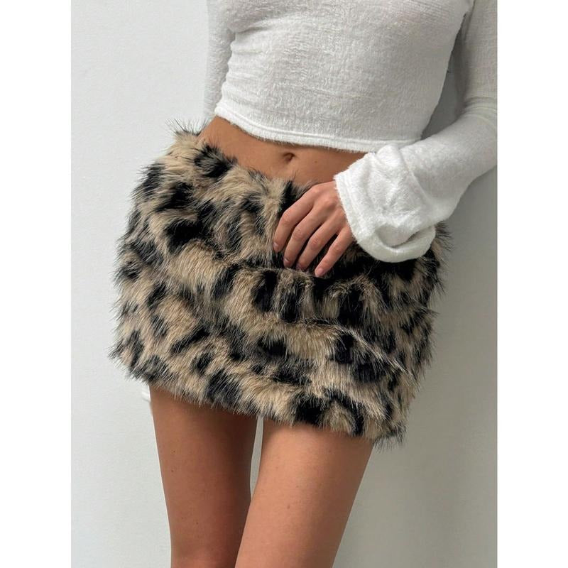 Leopard Print Fuzzy Fur Skirt Low Rise Mini Y2k Party Club Skirts T-Shirts, Hoodie, Sweatshirt | ZylaModa.com