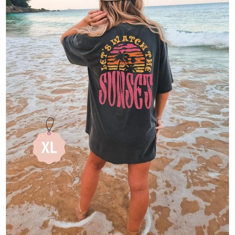 Lets Watch The Sunset Cute Beach Shirt Summer Graphic Tee Trendy Womens Tee Cute Summer Tops Coconut Girl Y2k Aesthetic...