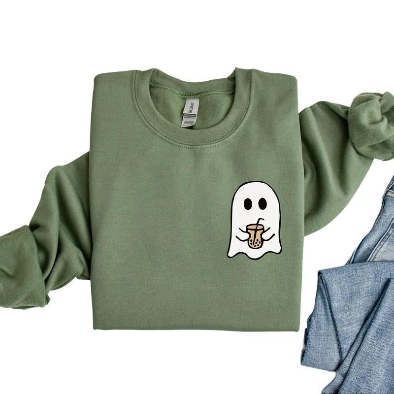 Little Ghost Ice Coffee Halloween Crewneck Sweatshirt, Hoodie, T-shirt, Cute Halloween Shirt | ZylaModa.com