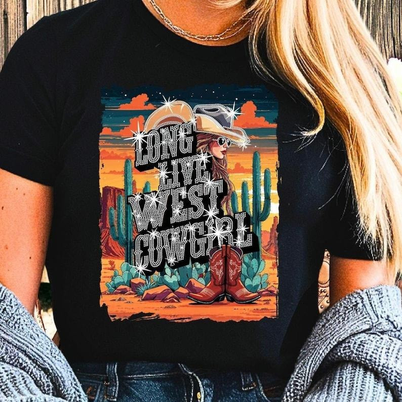 Long Live West Cowgirl Rhinestone and Graphic T-Shirt, Western Country Graphic Tee, Country Concert Shirt, Western Bling...