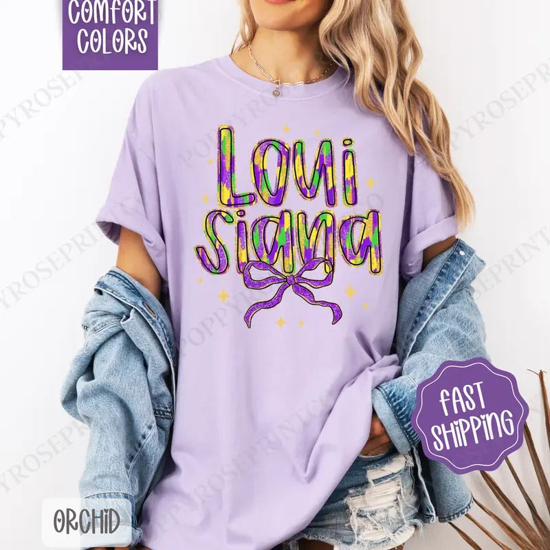 Louisiana Bow Comfort Colors, Coquette Mardi Gras Bow Women's Tee, Holiday Women's Tshirt Hoodie, Sweatshirt | ZylaModa.com