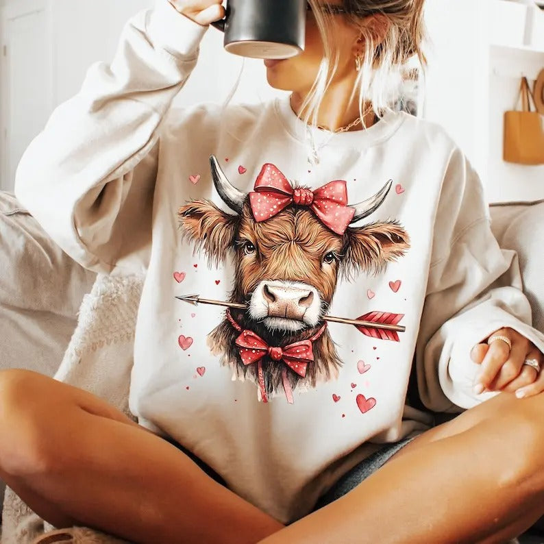 Love Season Highland Cow | Western Coquette Crewneck Sweatshirt | Valentine Gift T-Shirts, Hoodie | ZylaModa.com