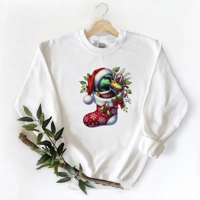 Mallard Duck in the Christmas Stocking Unisex Tshirt Sweatshirt Hoodie Cotton Pullover Sweaters | ZylaModa.com
