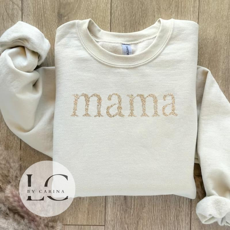 "Mama" Floral Monochromatic Embroidered Sweatshirt - Stylish Mom Apparel - Custom Floral Design - Cozy Motherhood Jumper...