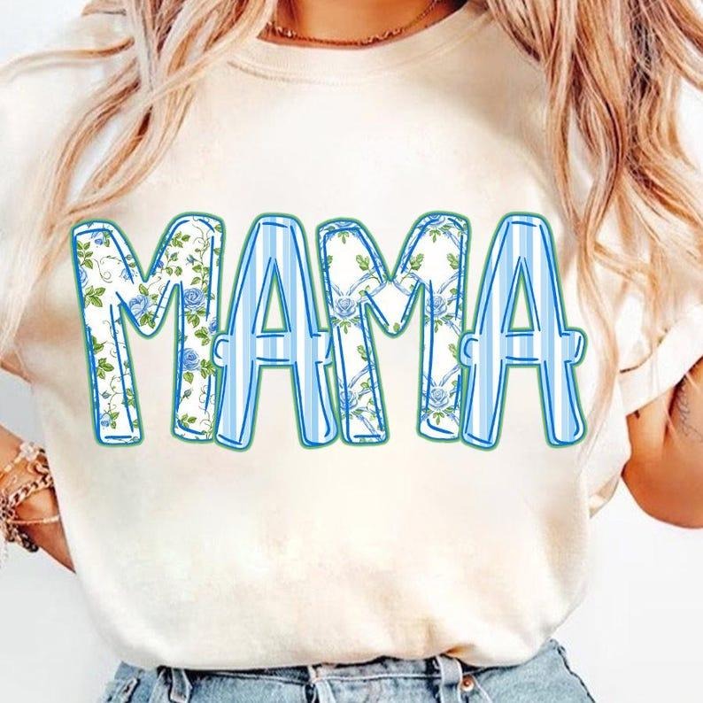 Mama Floral tshirt, Blue Floral, Stripes, Mama Flower sweatshirt, Preppy Mama tshirt, Retro Mama Flower hoodie, Mothers...