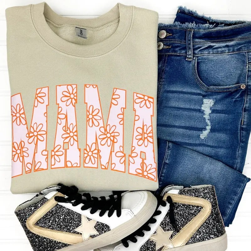 Mama Retro Flowers Gildan Sweatshirt -- SAND T-Shirts, Hoodie | ZylaModa.com