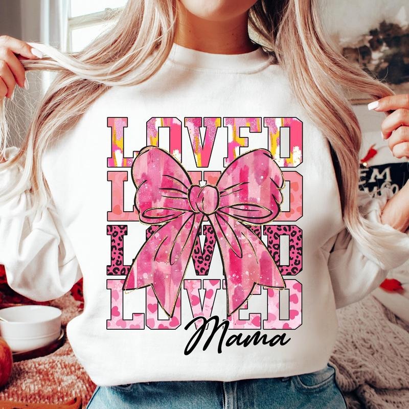 Mama Valentine Sweatshirt, Loved Mama Sweatshirt, Valentines Day Heart Coquette Bow Sweatshirt, Pink, Brushstroke...