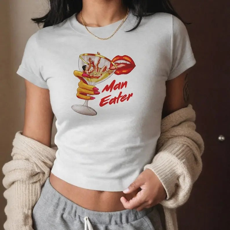 Man Eater Baby Tee - 90s Baby Tee, Graphic Shirt Crop, Coquette, Vintage Design Hoodie, Sweatshirt | ZylaModa.com