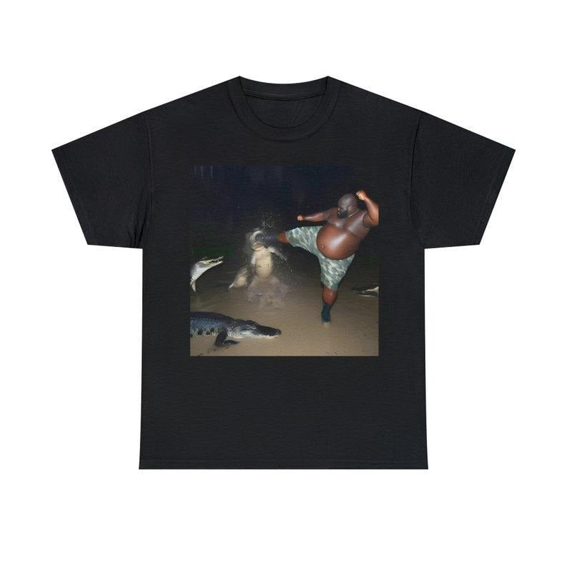 Man Kick Alligator In Swamp Shirt Funny Meme Shirt Menswear Top Hoodie, Sweatshirt | ZylaModa.com