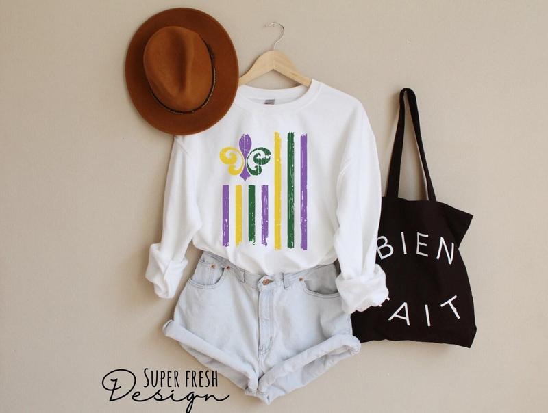 Mardi Gras Flag Sweatshirt, Fleur De Lis Sweater, Mardi Gras Shirt, New Orleans Shirt, NOLA Crewneck Hoodie | ZylaModa.com