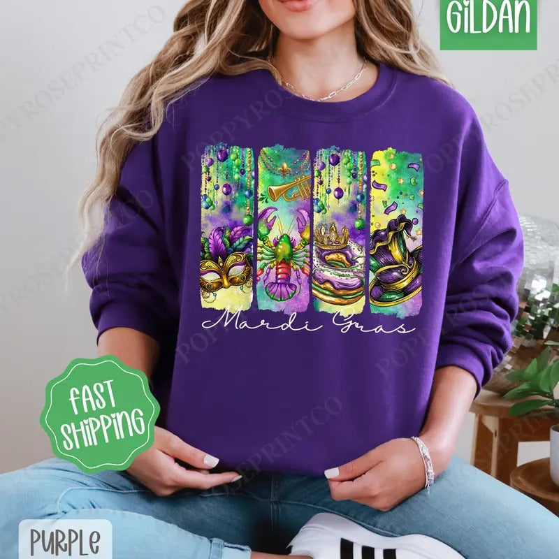 Mardi Gras Sweatshirt, Fat Tuesday Crewneck, Louisiana Women's Sweater T-Shirts, Hoodie | ZylaModa.com