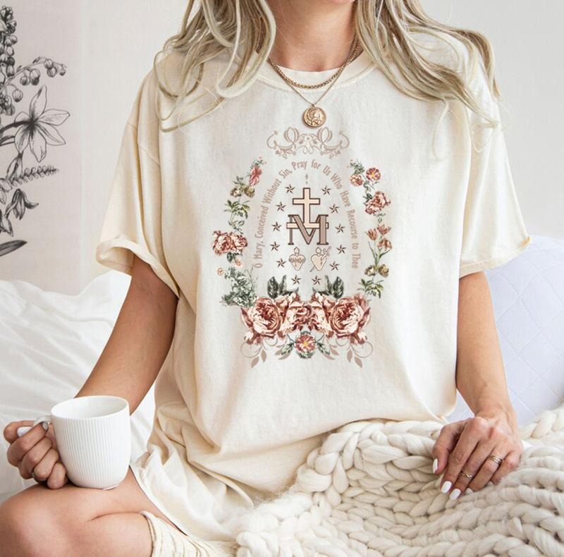 Marian Catholic T-Shirt, Virgin Mary T Sweatshirt, Catholic gifts for women, Catholic T-shirt, Marian Cross Sweater,...