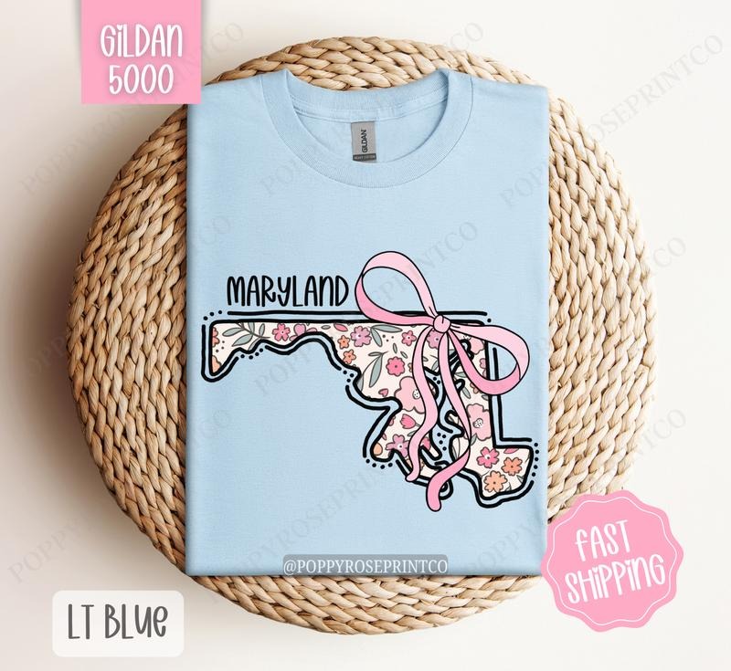 Maryland Gildan T-shirt, Cute Maryland State Shirt, Maryland Floral Bow Tee Hoodie, Sweatshirt | ZylaModa.com
