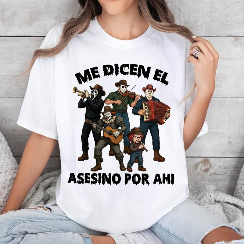 Me Dicen El Asesino Por Ahi Halloween Shirt, Scary Movie Characters Shirt, Funny Killer Breakfast Shirt, Spooky Crunch...