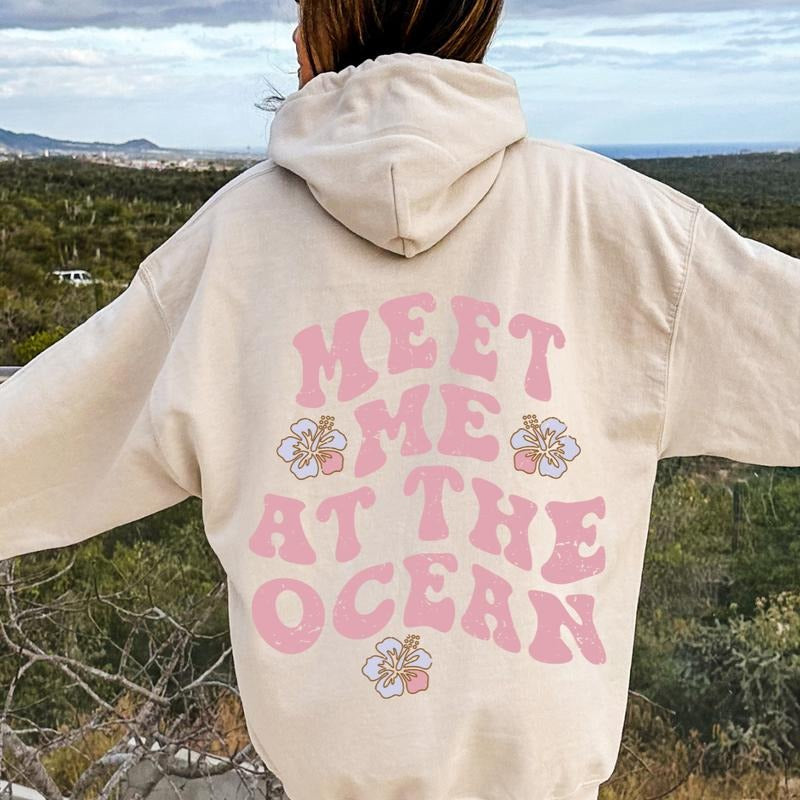 Meet me at the ocean hoodie, Beach Hoodie, Beach Graphic, Cotton Casual Oversized Hoodie, Sunset Hoodie, Beach Hoodie,...