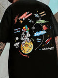 Men's Cartoon Astronaut & Letter Print Drop Shoulder Tee, Regular Fit Casual Short Sleeve Round Neck T-Shirt for Summer,...