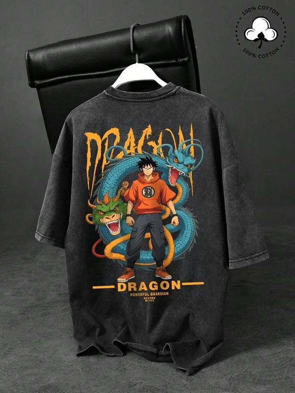Men's Cartoon Dragon Graphic Print Round Neck Tee, Regular Fit Casual Short Sleeve T-shirt, Men's Summer Top for Daily...