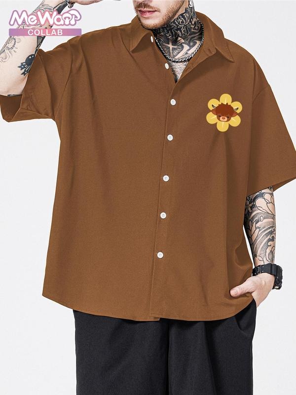 Men's Cartoon Highland Cow & Floral Print Short Sleeve Shirt, Regular Fit Casual Street Soft Comfy Top for Summer, Men's...