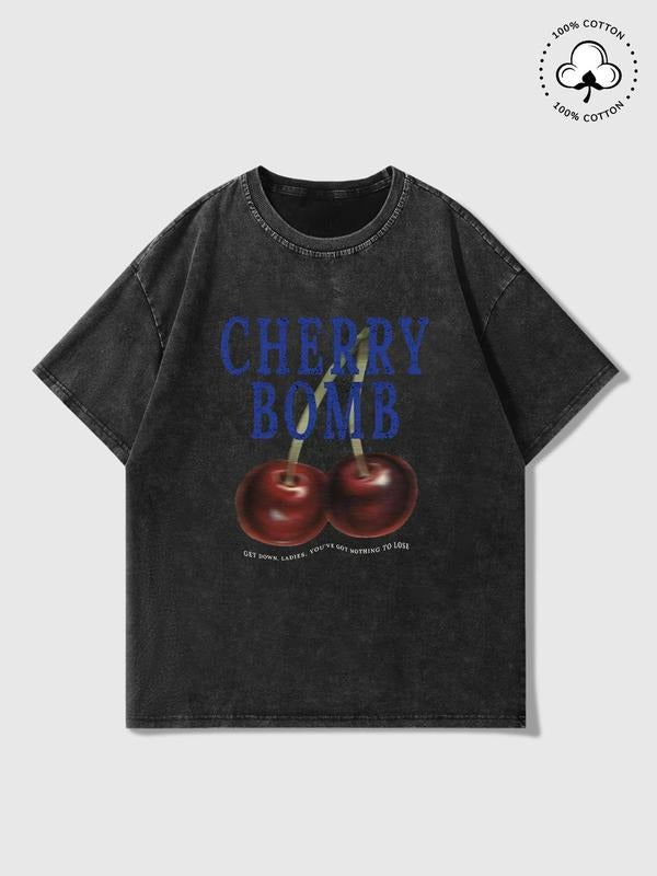 Men's Cherry Bomb & Hand Print Wash T-shirt, Regular Fit Casual Short Sleeve Round Neck Tee for Daily Wear, Men's Top for...
