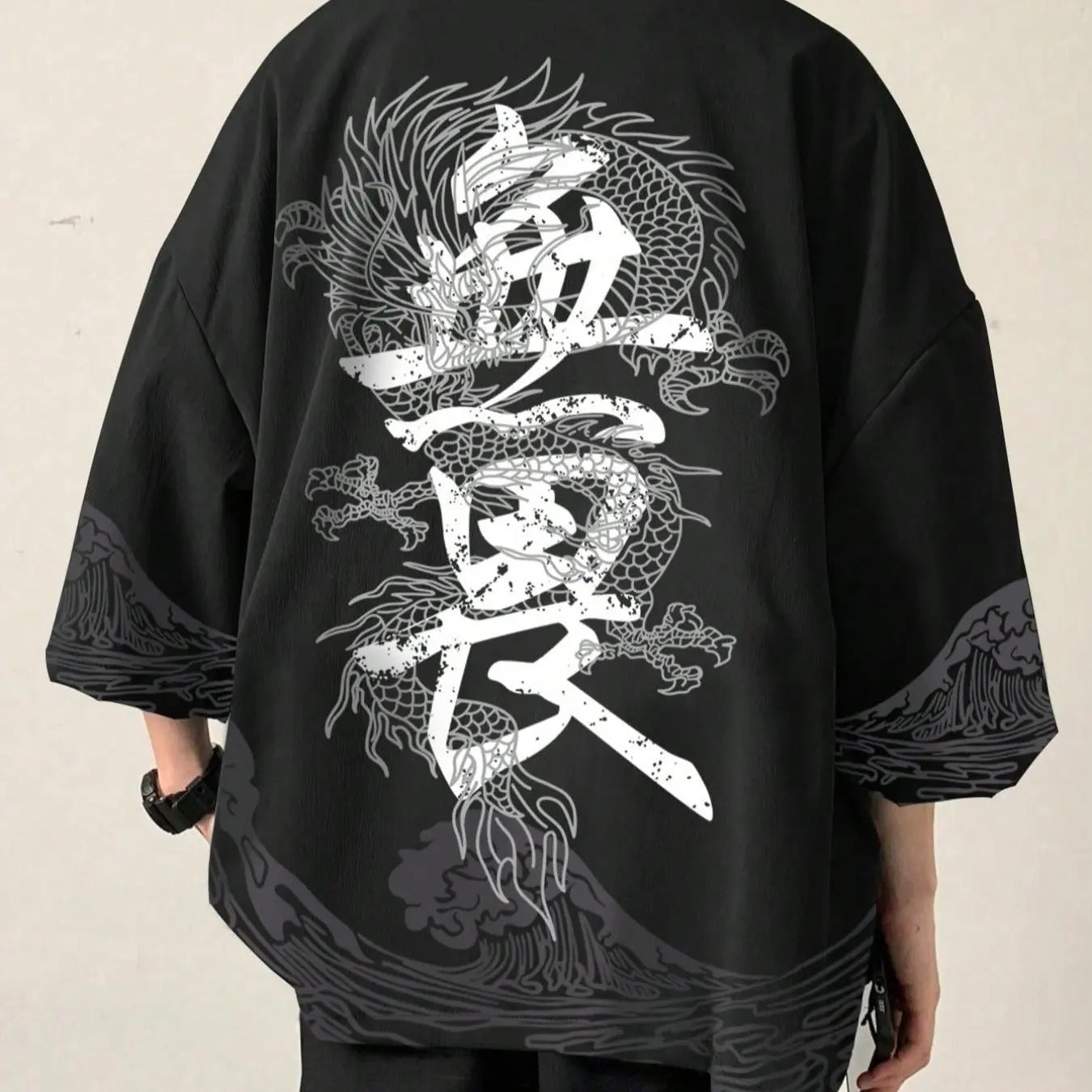 Men's Dragon & Chinese Character Print Drop Shoulder Kimono, Regular Fit Casual Three Quarter Length Sleeve Open Front...