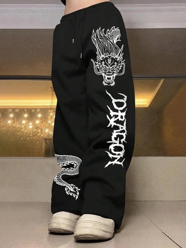 Men's Dragon & Letter Print Drawstring Waist Sweatpants, Casual Regular Fit Pocket Straight Leg Trousers for Daily Wear,...