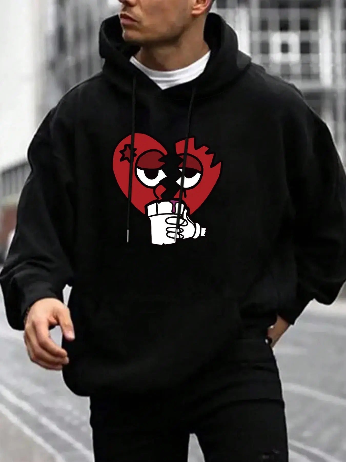 Men's Heart Print Drop Shoulder Hoodie, Fashion Casual Regular Fit Drawstring Pocket Hooded Sweatshirt for Daily Holiday...