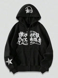 Men's Letter & Star Print Zip Up Hoodie, Casual Regular Fit Long Sleeve Drawstring Pocket Hooded Sweatshirt for Fall &...