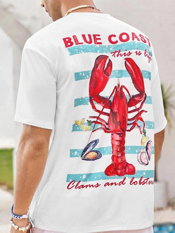 Men's Lobster & Shrimp Print Round Neck Tee, Regular Fit Casual Short Sleeve T-shirt for Summer, Men's Top for Daily...