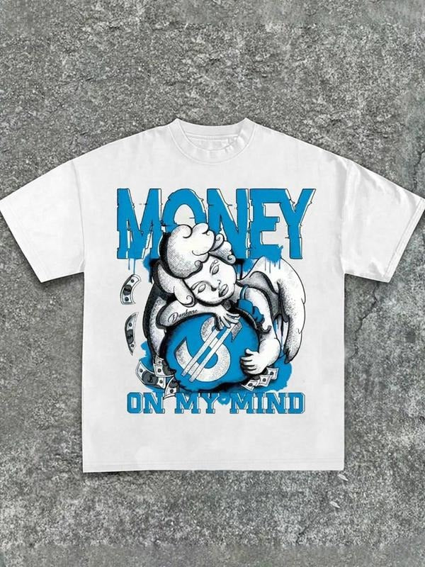 Men's Money on My Mind Print Round Neck Tee, Regular Fit Casual Short Sleeve Crew Neck T-Shirt for Daily Wear, Men's Top...