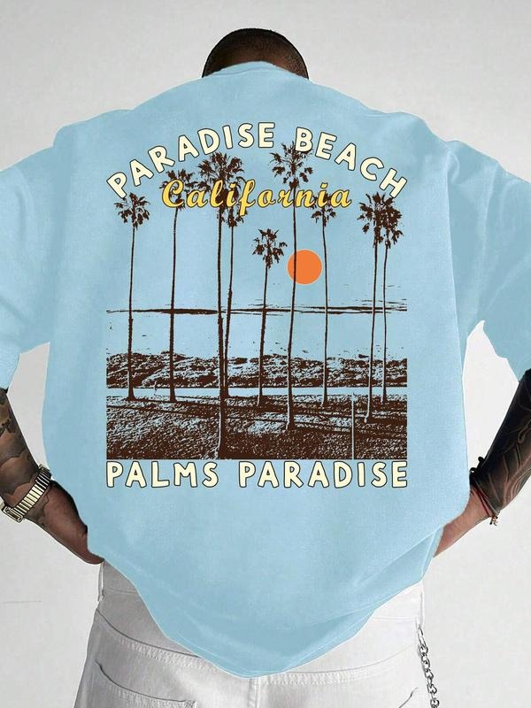 Men's Palm Tree & Sunset Print Round Neck Graphic Tee, Regular Fit Casual Short Sleeve T-shirt for Summer, Men's Top for...
