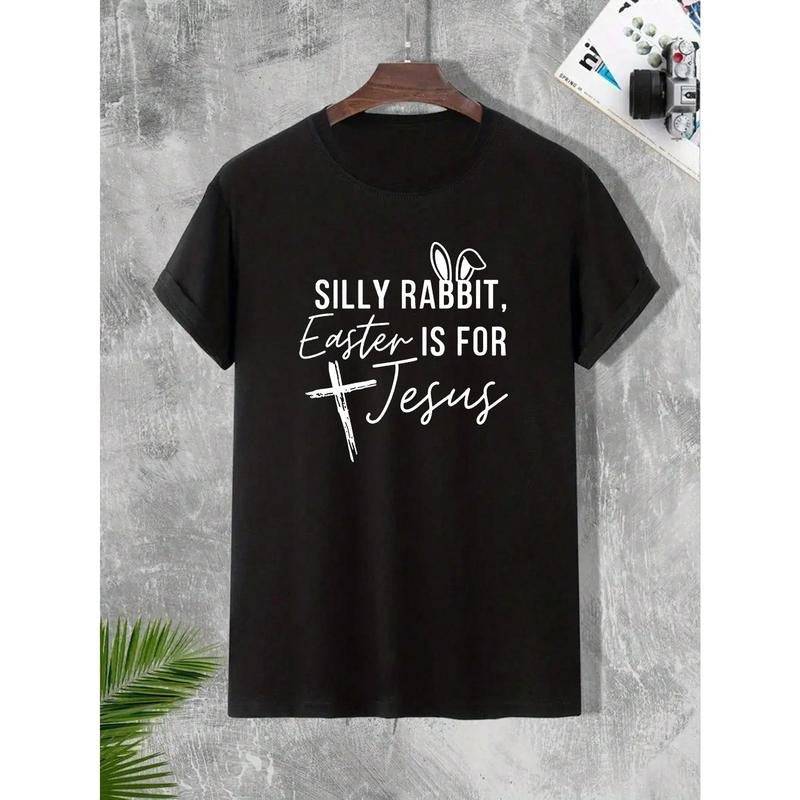 Men's Rabbit Ear & Slogan Print Round Neck Short Sleeve T-Shirt Made in USA Hoodie, Sweatshirt | ZylaModa.com