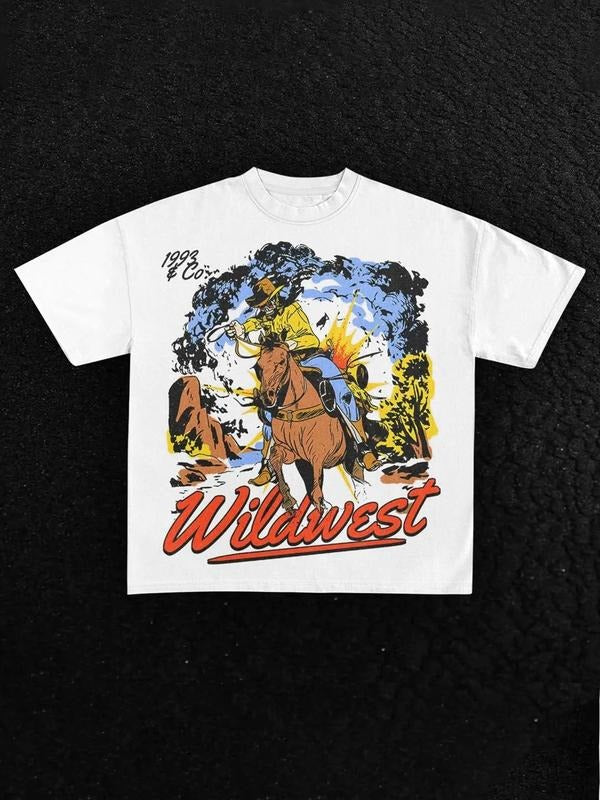 Men's Regular Fit Cowboy Print Round Neck Graphic Tee, Casual Short Sleeve T-shirt for Daily Wear, Men's Top for Summer...